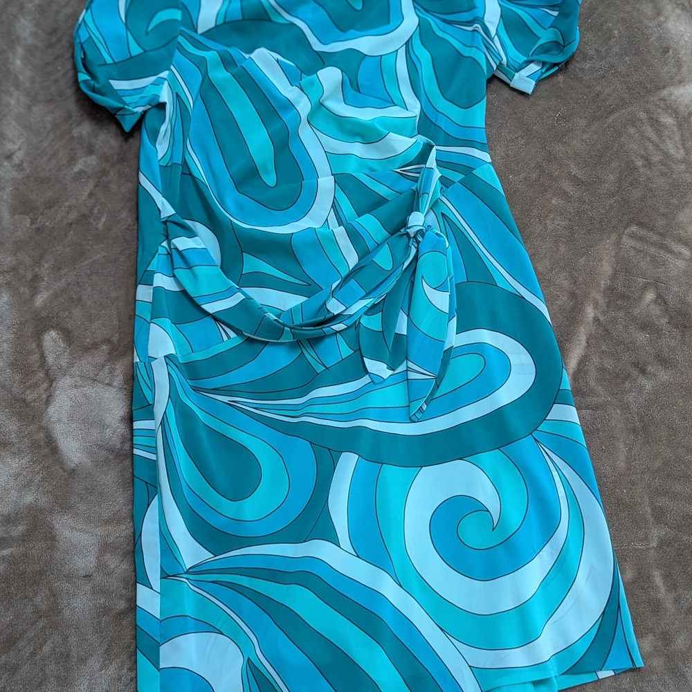 Donna Morgan Teal & Turquoise Swirl Tie-Waist Mini Dress